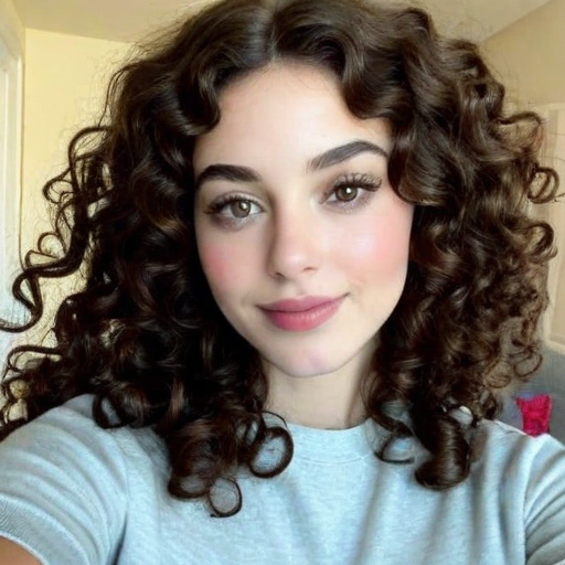 Photorealistic beauty portrait of a woman with voluminous curly brown hair, soft natural makeup, and light blue sweater in a cozy indoor setting with warm natural light