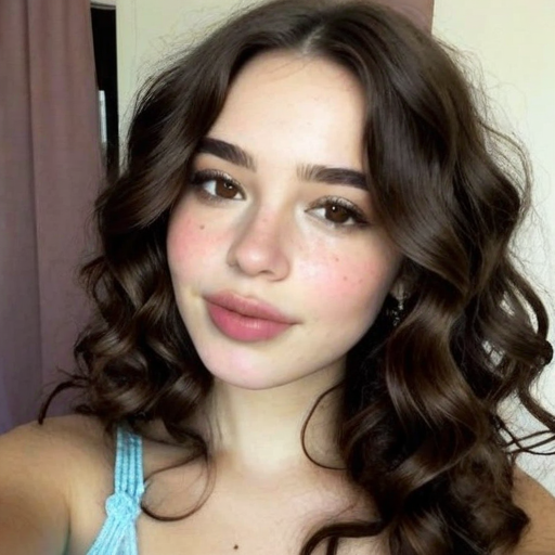 Photorealistic beauty portrait of a woman with voluminous curly brown hair wearing a light blue top in soft natural light setting