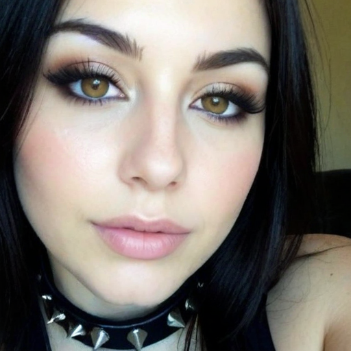 Photorealistic close-up portrait of a woman showcasing dramatic winged eyeliner, warm brown eyes, soft pink lips, and a black spiked choker in a beauty-focused makeup style