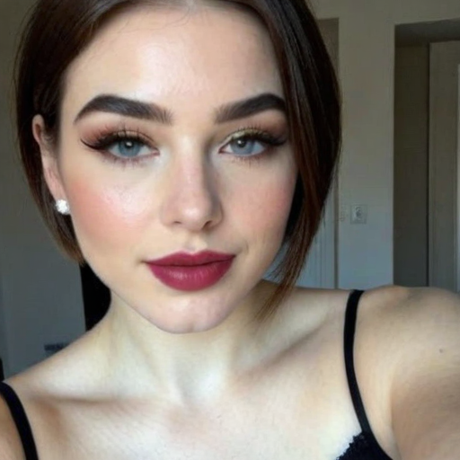 Photorealistic close-up portrait of a woman showcasing flawless makeup with bold red lipstick, natural skin glow, defined eyebrows, and elegant black strap top in natural light setting