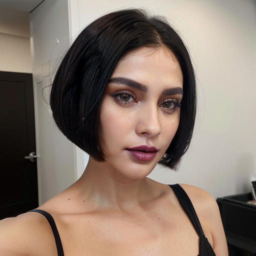 Photorealistic Close-Up Portrait of a Woman with Short Black Bob Hairstyle, Bold Purple Lipstick, and Winged Eyeliner in Indoor Studio Setting with Soft Lighting