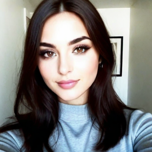 Photorealistic Portrait of a Woman with Natural Eye Makeup, Long Dark Hair, and Brown Eyes in Soft Natural Light, Confident Selfie for Beauty and Fashion Social Media