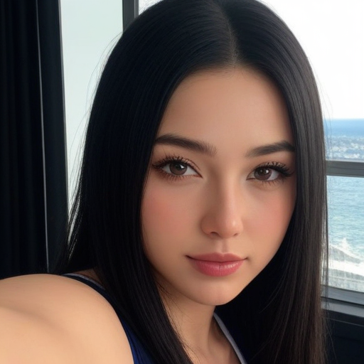 Serene Close-Up Portrait of a Woman with Long Black Hair in Natural Light Indoor Setting, City and Water View Background, Soft Makeup, Calm Mood, Beauty Photography