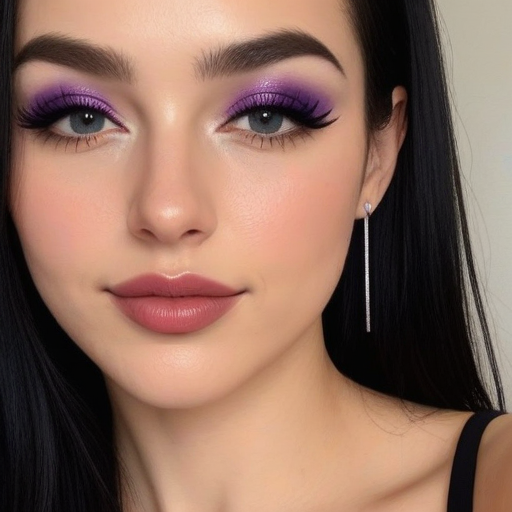 Close-Up Beauty Portrait of a Woman with Bold Purple Eyeshadow, Long False Lashes, and Soft Pink Lipstick in Professional Studio Setting