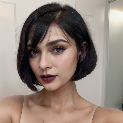 Close-up photograph of a woman with short dark bob haircut and bold makeup featuring natural light lighting, deep purple lipstick, and minimalist indoor background for beauty and fashion portrait inspiration