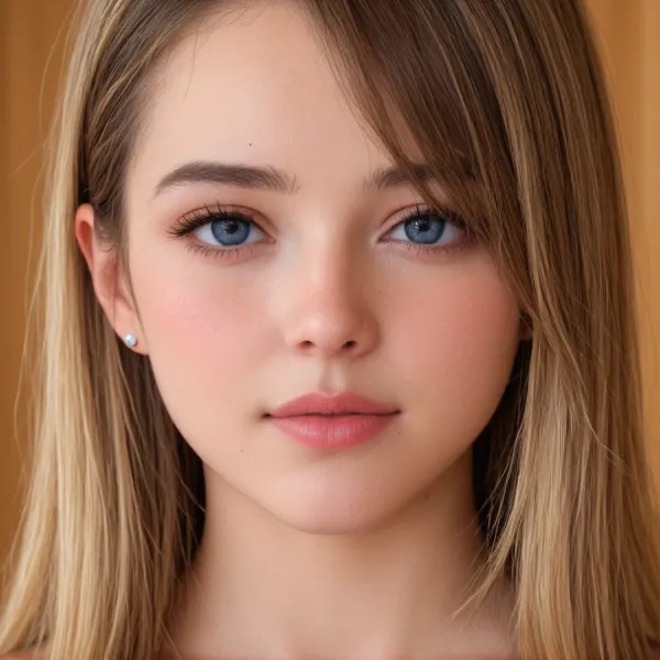 Close-Up Photorealistic Portrait of a Woman with Blue Eyes, Light Brown Hair, Soft Makeup, and Natural Light Lighting in Indoor Setting