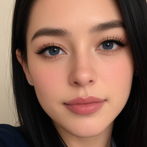 Close-up portrait of a woman with blue eyes, natural makeup, and dark hair in soft natural light for elegant beauty photography