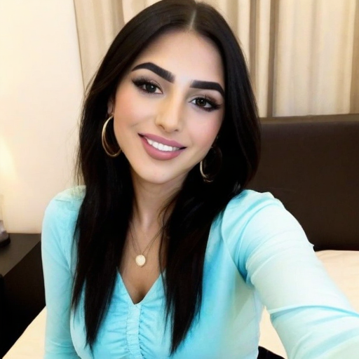 Confident Woman in Light Blue Top Taking Selfie in Softly Lit Bedroom, Gold Hoop Earrings and Delicate Necklace, Friendly Smile, Warm Indoor Lighting for Beauty and Lifestyle Content