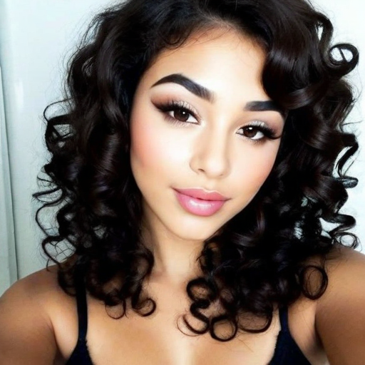 Glamorous Beauty Portrait of a Woman with Voluminous Curly Hair and Soft Makeup in Studio Lighting, Highlighting Natural Skin Tone and Elegant Features