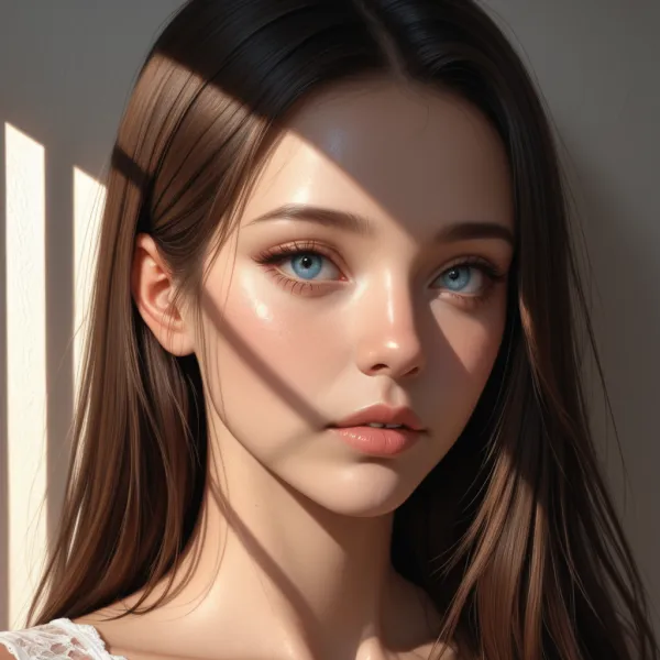 Gorgeous Close-Up Portrait of a Woman with Blue Eyes and Radiant Skin in Soft Natural Light, Polished AI-Generated Beauty Photography with Serene Sunlight Shadows