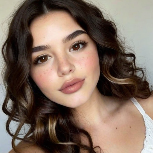 Natural Light Beauty Portrait of a Woman with Voluminous Wavy Curly Hair, Soft Neutral Makeup, and Delicate White Lace Top for Fashion and Style Inspiration
