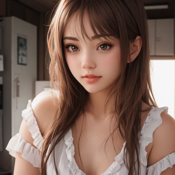 Semi-realistic AI-generated portrait of a young woman with long wavy brown hair in a sunlit kitchen, wearing a white off-shoulder ruffled top with soft natural lighting creating a serene and intimate mood