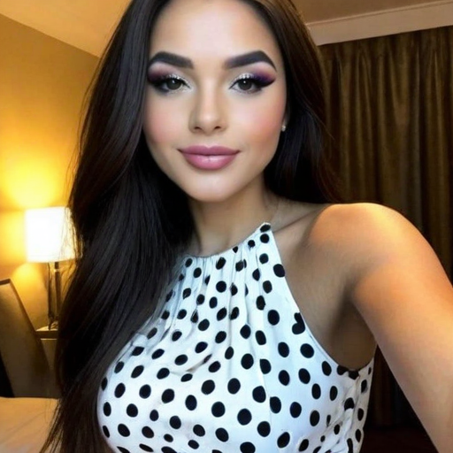 Stylish Portrait of a Woman in Polka Dot Dress with Bold Makeup and Warm Indoor Lighting | Beauty and Fashion Photography