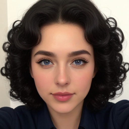 Stylish Retro-Inspired Portrait of a Woman with Voluminous Dark Curly Hair, Elegant Eye Makeup, and Soft Pink Lips in a Close-Up Beauty Shot with Natural Lighting