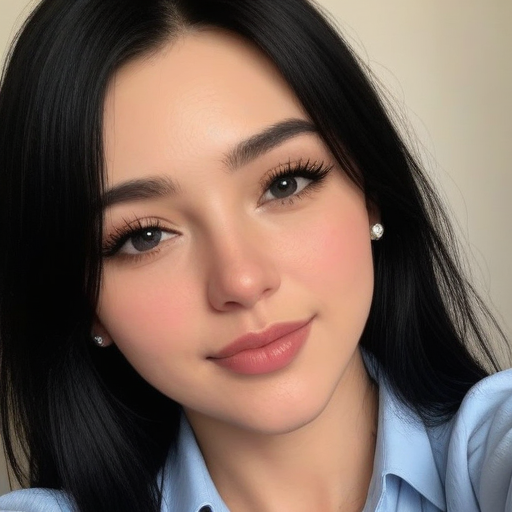 Close-Up Beauty Portrait of a Woman with Long Black Hair, Soft Natural Lighting, and Subtle Makeup in a Light Blue Button-Down Shirt