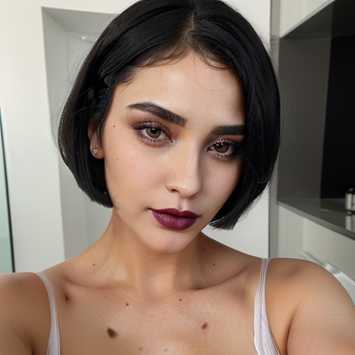 Close-Up Beauty Portrait of a Woman with Short Black Hair and Deep Plum Lipstick in Modern Indoor Setting with Soft Natural Lighting
