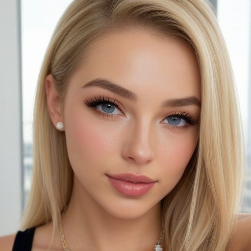 Close-up portrait of a blonde woman with striking blue eyes and soft makeup in natural light, featuring elegant pearl earrings and delicate necklace, serene beauty photography