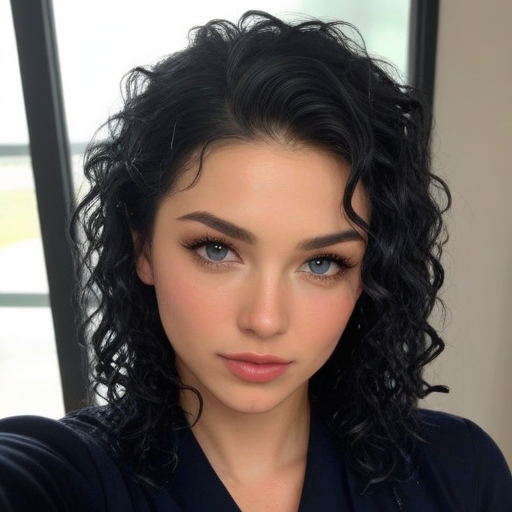 Photorealistic portrait of a woman featuring voluminous curly black hair, natural makeup with blue eyes, soft lighting indoors, capturing elegant beauty and detailed facial features