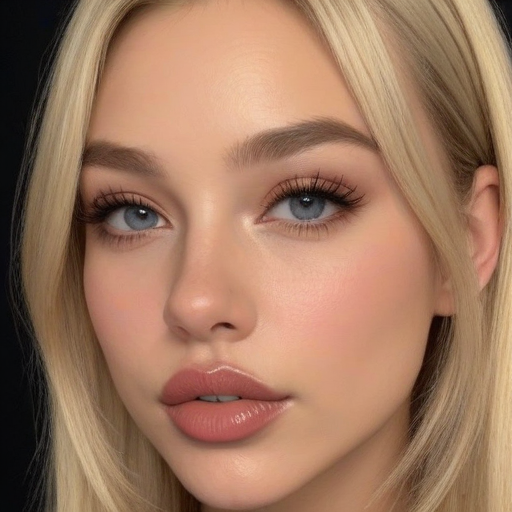 Stunning Photorealistic Portrait of a Woman with Platinum Blonde Hair, Light Blue Eyes, and Soft Pink Lipstick Highlighting Natural Beauty and Makeup Artistry