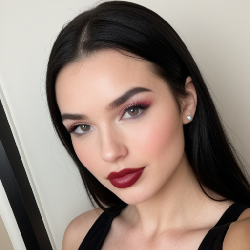 Stylish Portrait of a Woman with Bold Red Lipstick and Dramatic Eyeshadow, Photorealistic Close-Up Shot of Dark Hair, Elegant Makeup, Neutral Background for Beauty and Fashion Inspiration