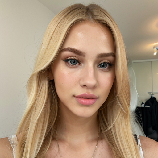 Close-up portrait of a blonde woman with natural makeup and soft lighting in a modern indoor setting, exuding confidence and calmness with a clean, polished aesthetic