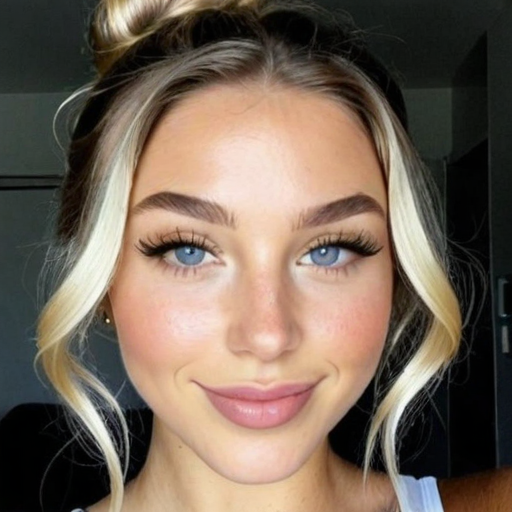 Beautiful portrait of a young woman with blonde wavy hair, blue eyes, natural makeup, and soft lighting in a modern indoor setting
