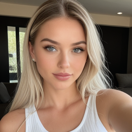 Blonde woman with blue eyes in natural light portrait taking selfie indoors modern home, beauty portrait style