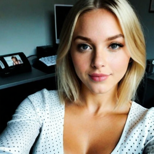 Blonde woman with flawless makeup taking selfie in modern office environment wearing white polka dot blouse photorealistic beauty portrait with soft natural lighting and professional casual style