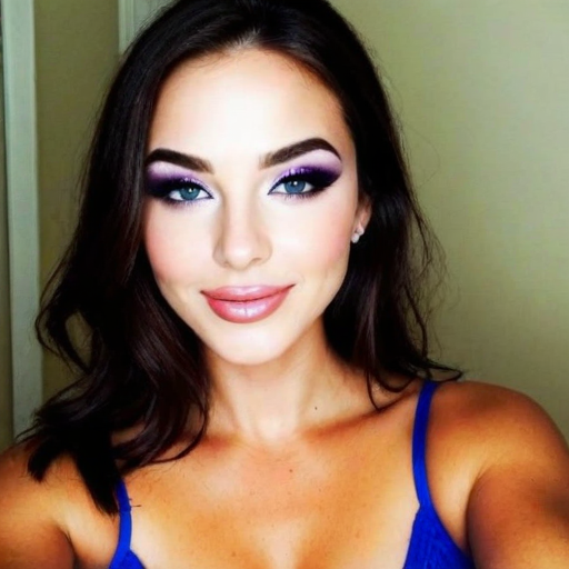 Close-Up Beauty Portrait of a Woman Featuring Vibrant Purple Eyeshadow, Wavy Dark Hair, and Blue Strap Top in Confident Photorealistic Style
