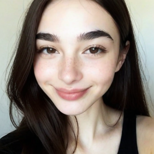 Close-Up Natural Light Portrait of a Young Woman with Long Dark Brown Hair and Soft Smile, Highlighting Natural Skin and Subtle Makeup for Beauty Photography