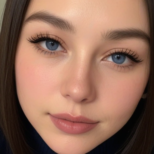 Close-Up Photographic Portrait of a Woman with Bright Blue Eyes, Soft Pink Blush, and Precise Eyelash Details in Natural Light