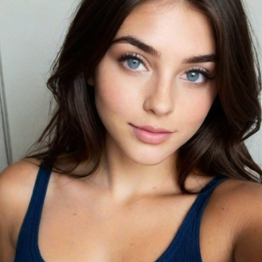 Close-up photorealistic beauty portrait of a young woman with striking blue eyes and flowing brown hair wearing a dark blue sleeveless top in soft natural light