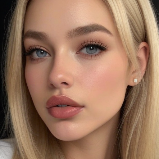 Close-Up Photorealistic Portrait of a Blonde Woman with Natural Makeup and Blue Eyes in Soft Light, Perfect for Beauty and Fashion Photography