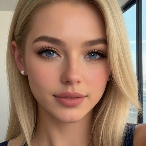 Close-Up Photorealistic Portrait of a Woman with Blonde Hair, Blue Eyes, and Subtle Makeup in Natural Light