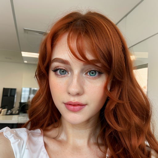 Close-Up Portrait of a Woman with Vibrant Red Hair and Natural Makeup in a Modern Office Setting Capturing Soft Natural Light and Beauty Style