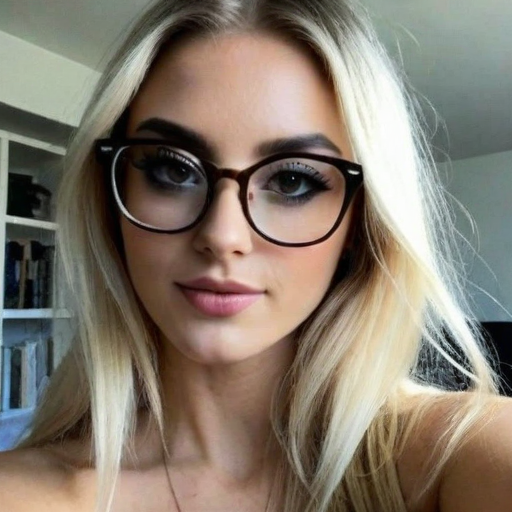 Confident woman with blonde hair wearing brown glasses in natural light portrait, showcasing elegant makeup and casual beauty in a modern indoor setting