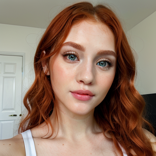 Natural Light Close-Up Portrait of a Woman with Red Hair and Blue Eyes, Indoor Beauty Photography, Calm Mood, Realistic Detail