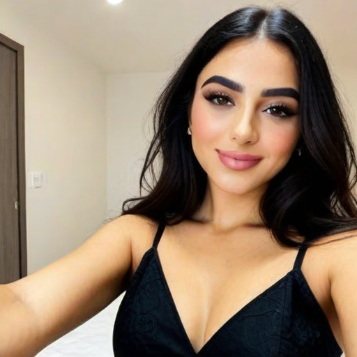 Photorealistic beauty portrait of a confident woman in black spaghetti strap dress taking selfie in modern bedroom, natural light, elegant makeup and hairstyle, stylish fashion photography