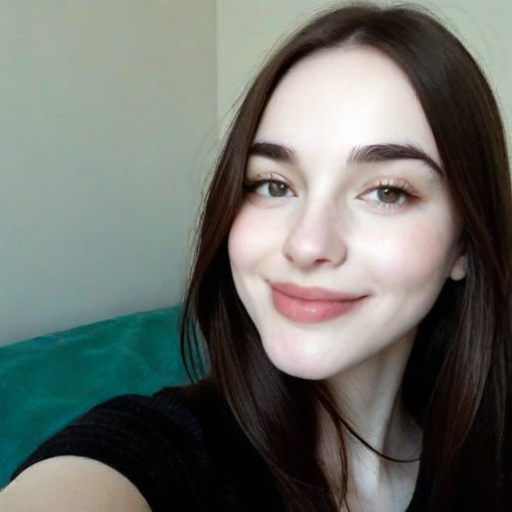 Photorealistic beauty portrait of a smiling young woman with long brown hair, natural makeup, black top, and teal background in soft natural light creating warm friendly mood
