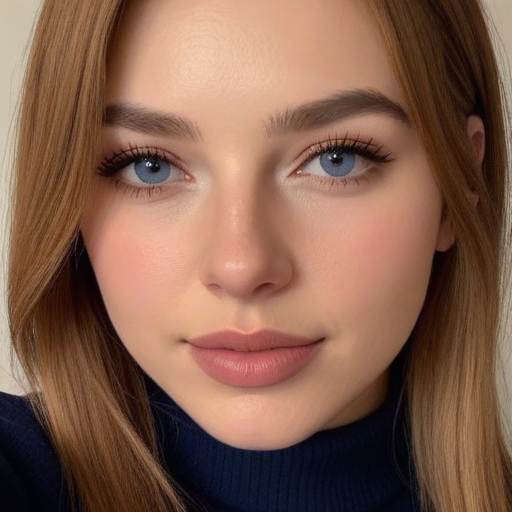 Photorealistic close-up portrait of a woman with blue eyes soft pink makeup and natural brown hair in beauty photography style