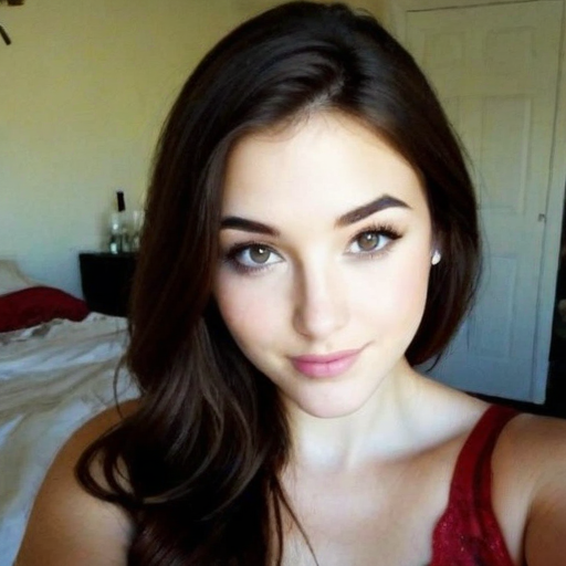 Photorealistic Close-Up Portrait of a Woman with Long Dark Brown Hair and Natural Makeup in a Cozy Bedroom Setting