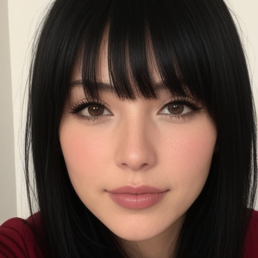 Photorealistic Close-Up Portrait of a Woman with Long Straight Black Hair and Natural Makeup in Soft Lighting