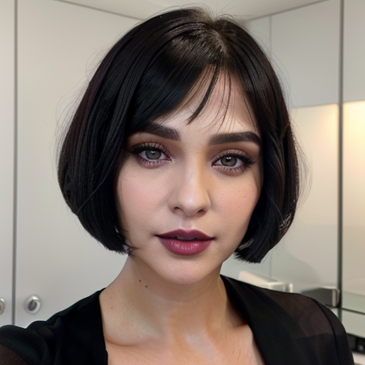Photorealistic portrait of a woman featuring short black bob hair, bold maroon lipstick, and professional makeup in a modern indoor setting with soft lighting and neutral background