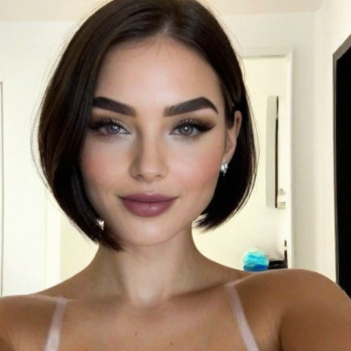 Photorealistic portrait of a woman with short dark bob hairstyle, bold winged eyeliner, and mauve lipstick in a bright indoor setting with soft natural light