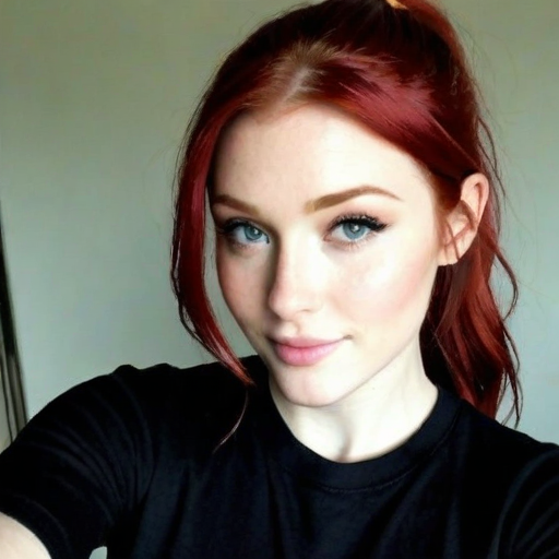 Photorealistic Portrait of a Woman with Vibrant Red Hair and Blue Eyes in Natural Light, Soft Makeup, Casual Black Top, Selfie Style, Bright and Fresh Mood