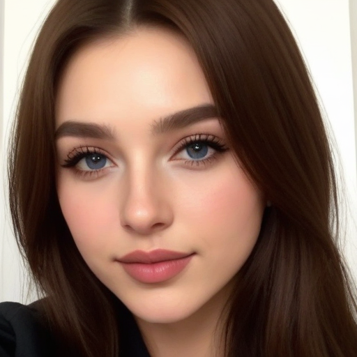 Professional close-up photograph of a beautiful woman with long brown hair, striking blue eyes, and subtle natural makeup in soft lighting for elegant beauty photography