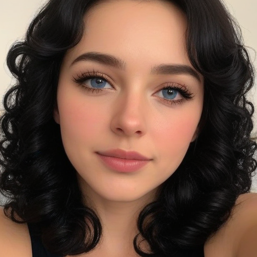 Stunning Photorealistic Beauty Portrait of a Woman with Voluminous Curly Hair and Perfectly Applied Makeup Capturing Soft Skin Texture and Natural Light in a Close-Up Composition
