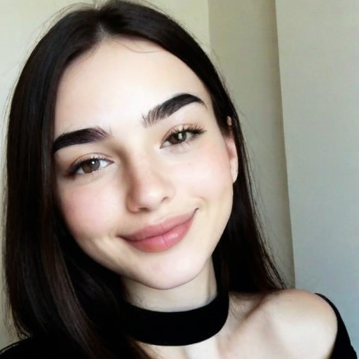 Stylish natural light beauty portrait of a woman with sleek black choker, soft makeup, and long dark hair in close-up composition