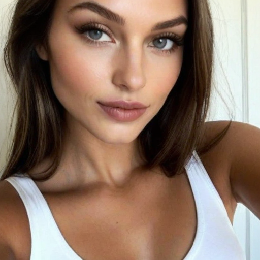 Close-Up Photorealistic Portrait of a Woman with Soft Makeup, Long Brown Hair, and White Tank Top in Natural Light Highlighting Confident Expression for Beauty and Fashion Photography