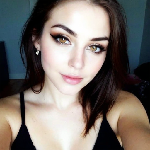 Close-up portrait of a woman with dramatic eye makeup, soft natural light, black sleeveless top, warm tones, and elegant beauty photography for self-expression